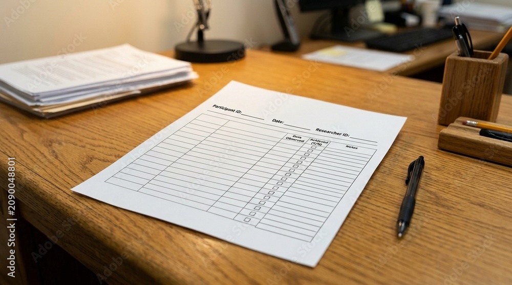 Obraz premium Developmental milestone tracking form used in a paediatric longitudinal research study on a research coordinator desk – Medical Laboratory Stock Photo, No People