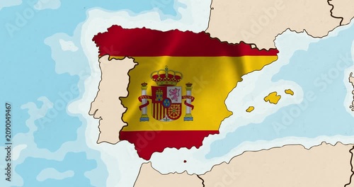 Motion graphic video of the spain flag waving inside the country on a world map