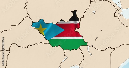 Motion graphic video of the south sudan flag waving inside the country on a world map