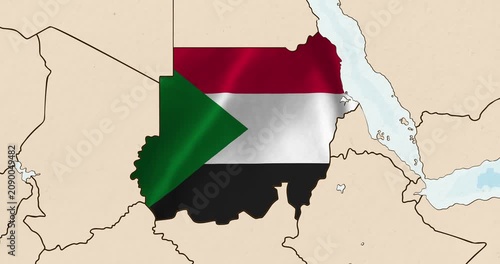 Motion graphic video of the sudan flag waving inside the country on a world map