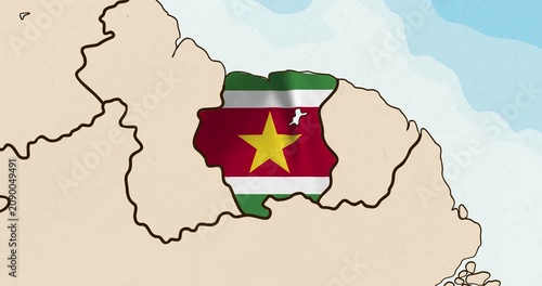 Motion graphic video of the suriname flag waving inside the country on a world map