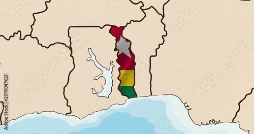 Motion graphic video of the togo flag waving inside the country on a world map