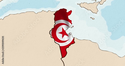 Motion graphic video of the tunisia flag waving inside the country on a world map