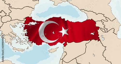 Motion graphic video of the turkey flag waving inside the country on a world map