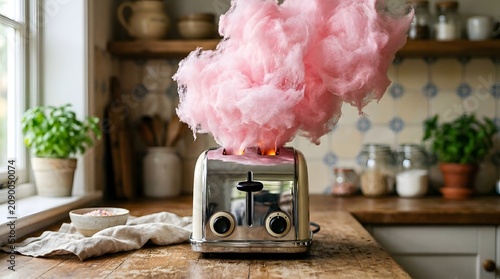 A shiny retro metal toaster erupts with a massive cloud of fluffy pink cotton candy instead of toasted bread slices