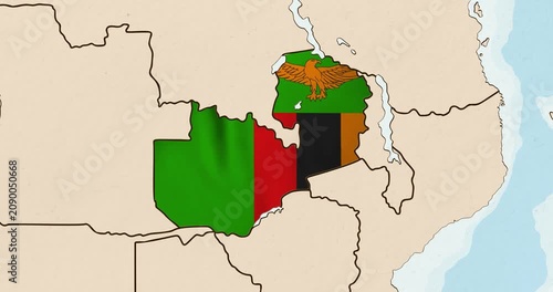 Motion graphic video of the zambia flag waving inside the country on a world map