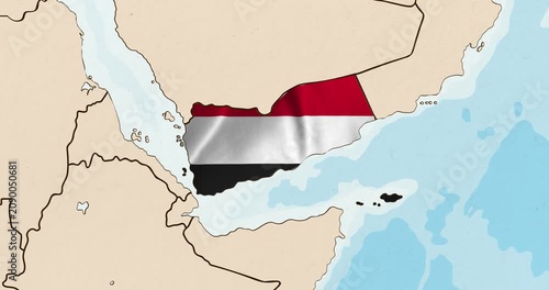 Motion graphic video of the yemen flag waving inside the country on a world map