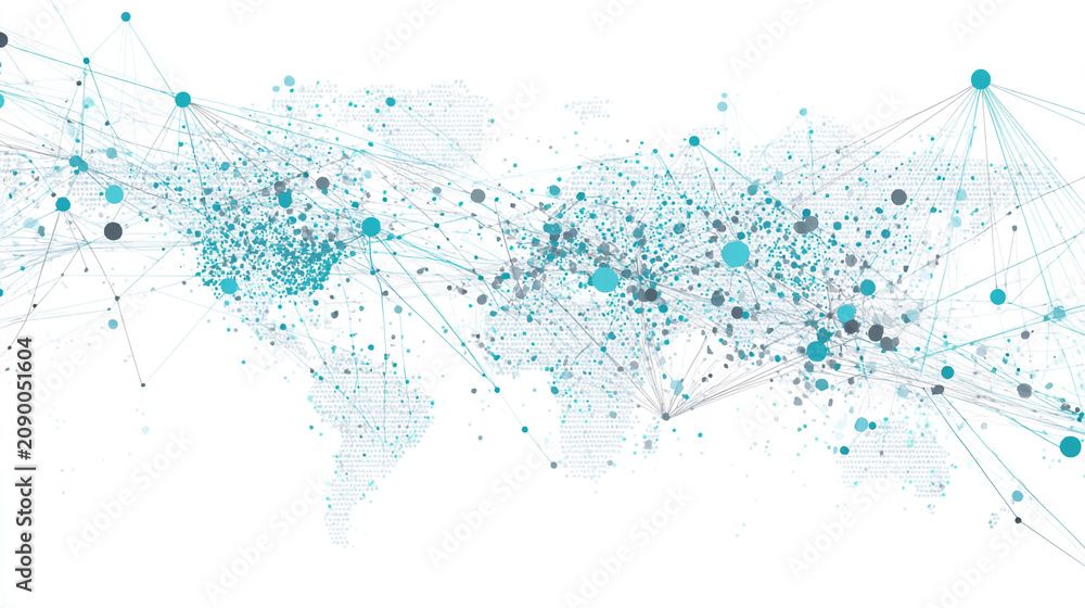 Fototapeta premium Abstract technology white background. Earth network with glowing nodes and net lines business connection of lines from nodes It is connected to endless nodes and represents the innovation of communica