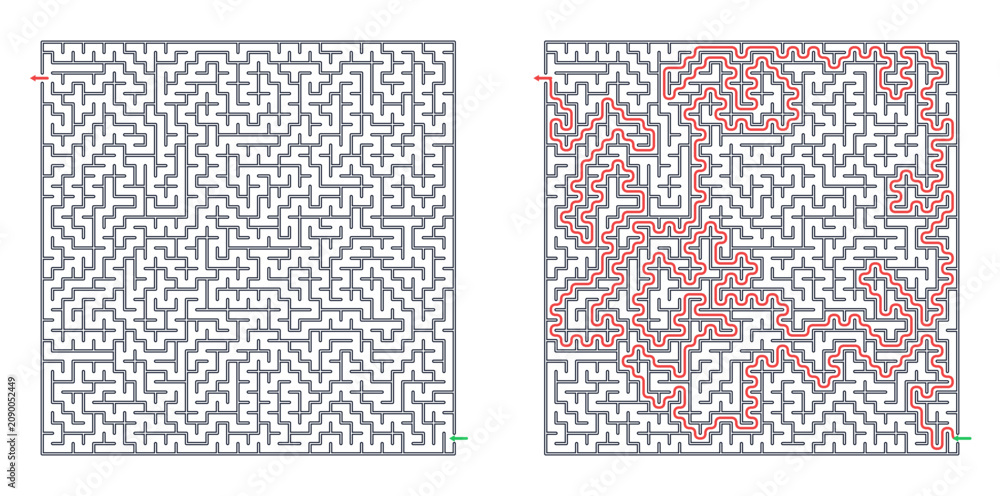 Fototapeta premium Square maze for adults, medium difficulty printable logic game, find the way from start to exit, line art, activity worksheet page with solution