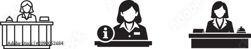 Foto Receptionist desk icon set with secretary, clerk, office desk and front desk service symbols in EPS