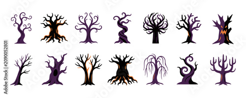 Halloween bundle icons spooky tree silhouettes for decoration