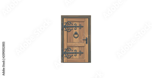 Medieval Wooden Door Vector Illustration with Ornate Hinges