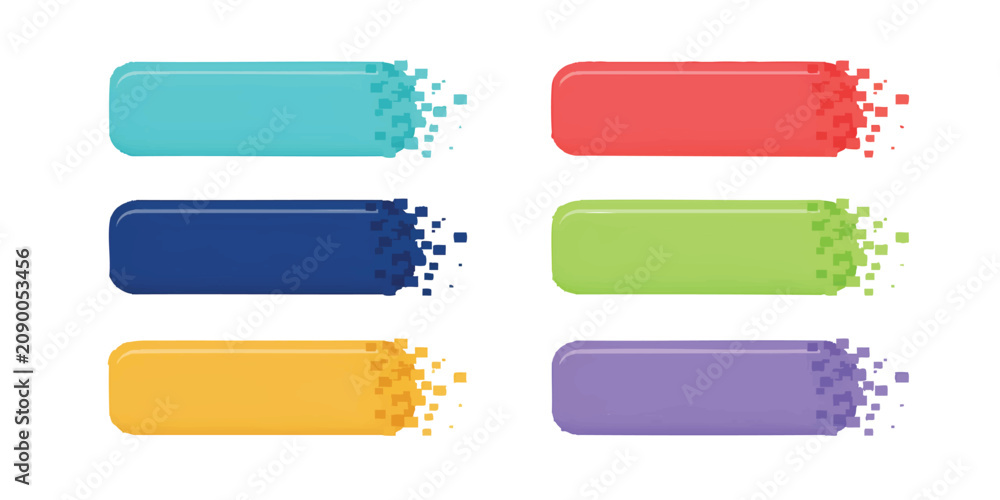 Fototapeta premium Set of colorful rectangular buttons with a digital pixel disintegration effect on the right side