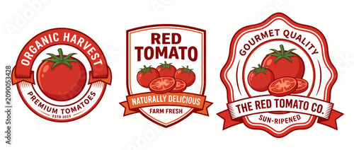 This image features three distinct tomato product labels designed for marketing, showcasing vibrant graphics and eye-catching designs suitable for an organic brand.
