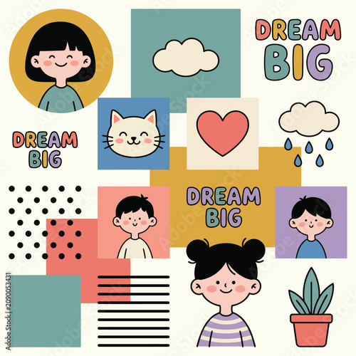 Delight in a playful collection of whimsical illustrations featuring children, cute pets, and uplifting themes of dreaming big, filled with color and joy.