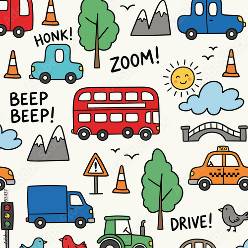 This vibrant image features various modes of transport including cars, buses, and mountains, creating a playful and engaging atmosphere perfect for children’s themes.