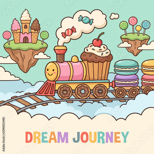 A whimsical illustration of a train journey made of desserts and sweets traveling through a fantasy landscape, capturing the joy of imagination and creativity in art.