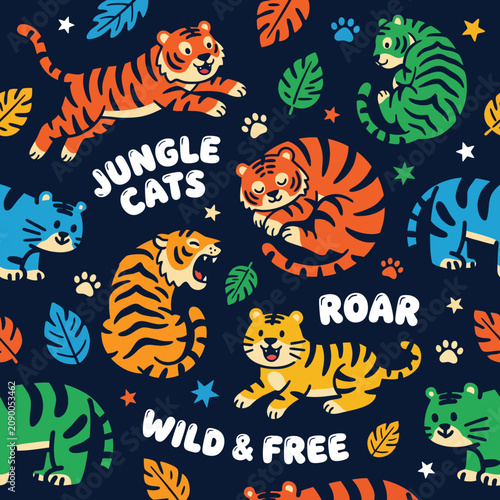 This lively illustration showcases playful jungle cats in various poses and colors, exuding a fun and spirited vibe reminiscent of wildlife adventure and exotic environments.