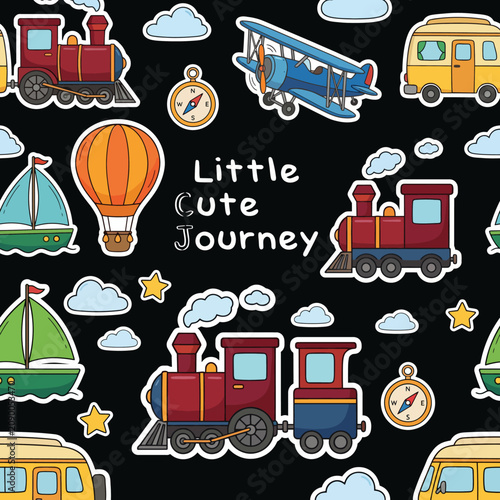 A charming pattern featuring different travel-themed elements like trains, planes, boats, and hot air balloons, perfect for evoking a sense of adventure and journey.