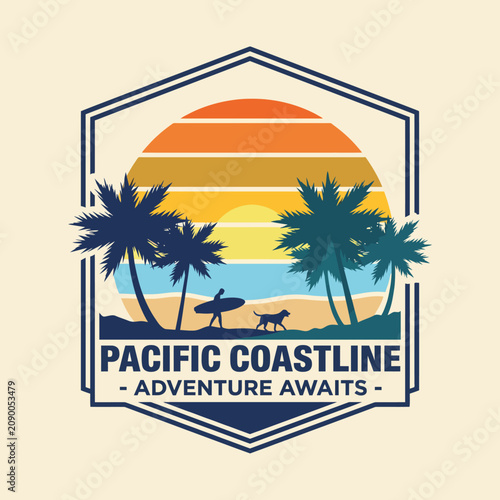 A stunning illustration of a pacific coastline with palm trees, a surfer, and a sunset, embodying the spirit of adventure and the allure of sun-drenched coastal living.