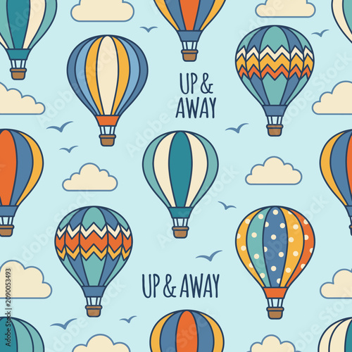 A vibrant pattern of various hot air balloons floating in a bright blue sky filled with soft clouds, evoking a sense of adventure, freedom, and lighthearted exploration high above the ground.