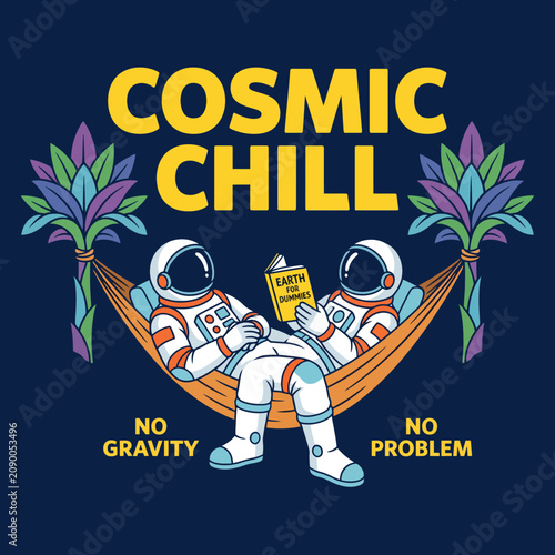 Two relaxed astronauts enjoy a peaceful moment in their hammock while reading a book in a vibrant cosmic setting, showcasing tranquility in the universe.