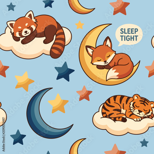 This adorable pattern features a variety of sleeping animals like red pandas, foxes, and tigers nestled on clouds surrounded by stars and moons, evoking comfort and serenity.