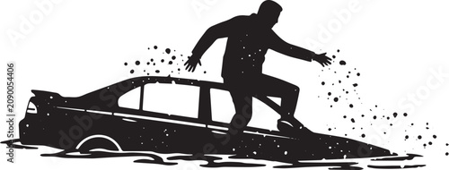A dramatic escape: Silhouette of a man emerging from a submerged