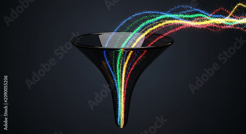 Data funneling concept with colorful particle streams entering glass funnel