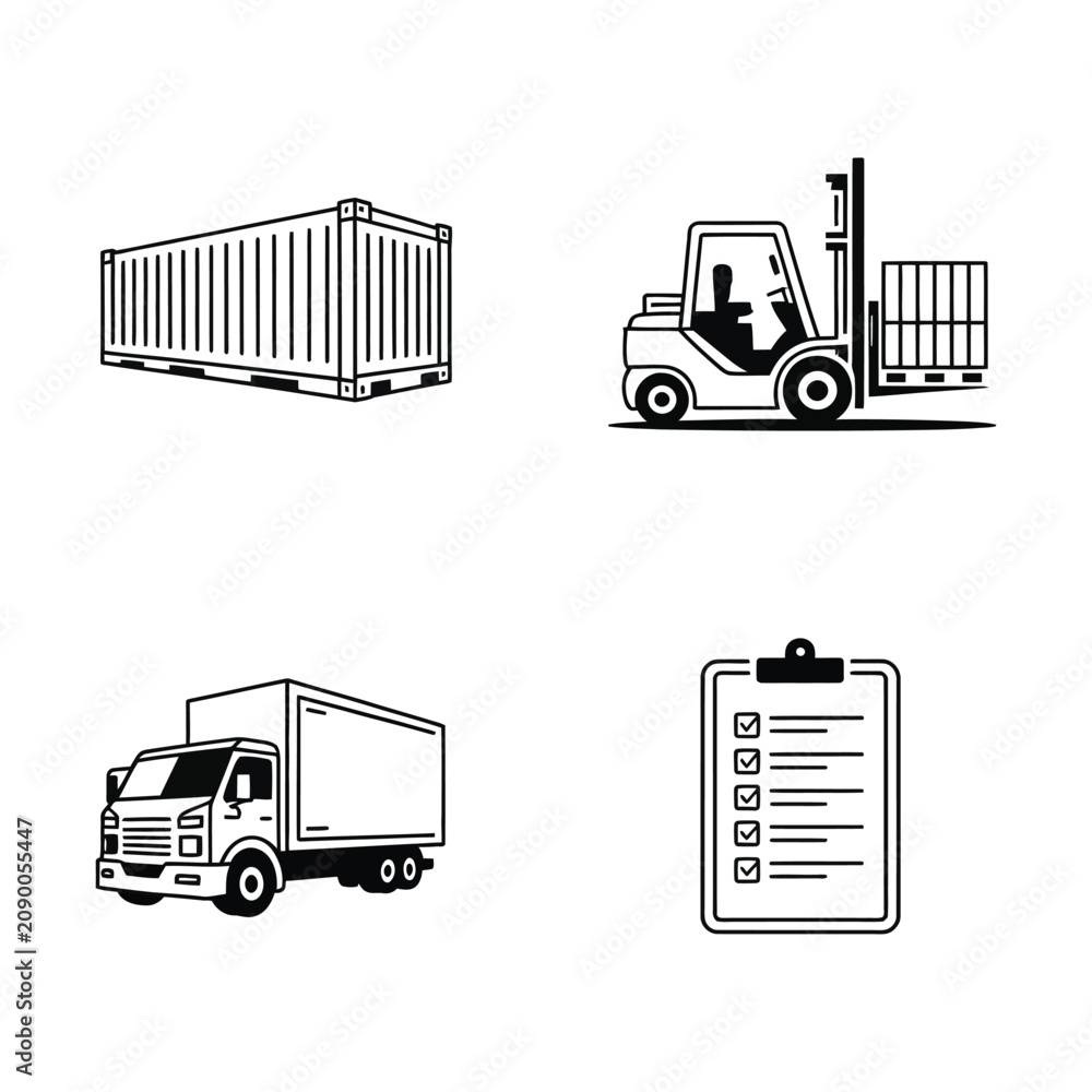 Fototapeta premium Flat design transport and logistics icons set with truck trailer forklift and cargo checklist