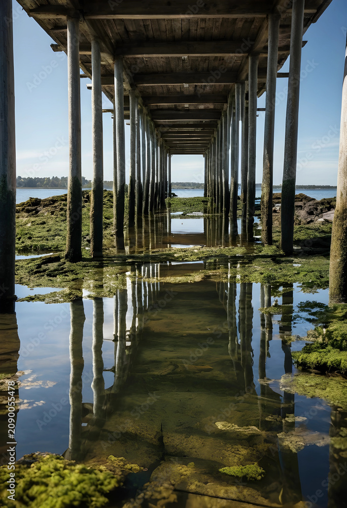 Fototapeta premium View under wooden pier with reflections and seaweed