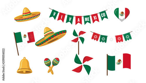 Collection of traditional mexican independence day icons including sombreros, flags, bells, maracas and bunting