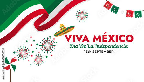Viva mexico independence day greeting card with waving flag, festive sombrero, fireworks and paper decorations