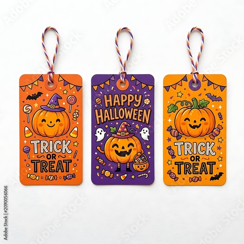 Halloween tags with pumpkins and Happy Halloween text