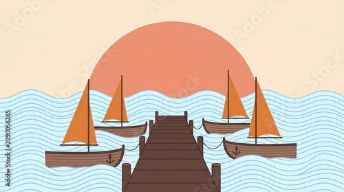 Minimalist Vector Illustration of a Wooden Pier with Traditional Sailboats Leaning on Ocean Waves Against a Sunset Background
