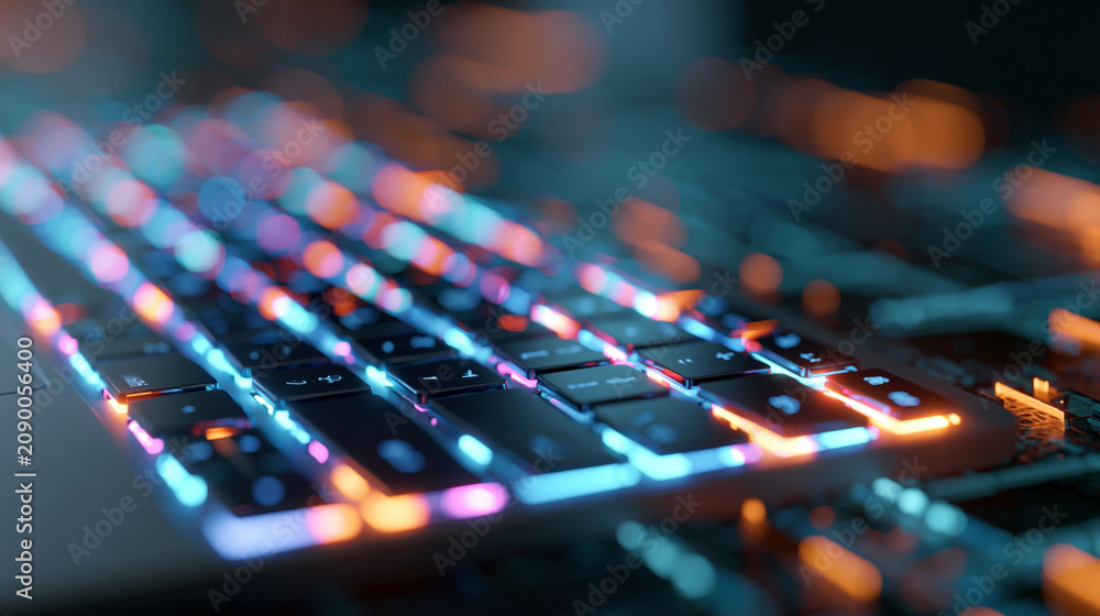 Fototapeta premium A vibrant illuminated close-up of a keyboard showcasing bright neon colors representing interactive AI tools concept, defocused keyboard environment, neon keyboard AI concept