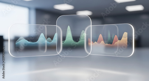 Futuristic financial data charts displaying business analytics on holographic glass screens