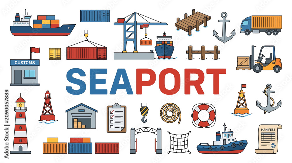 Obraz premium Detailed collection of flat line vector icons showcasing a bustling seaport, maritime trade, logistics, and shipping industry elements