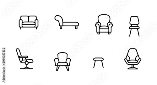 Foto Furniture outline icon set featuring lounge chair, rocking chair, sofa, armchair, bench, stool and seating collection for interior design