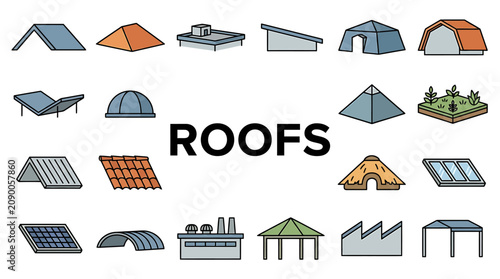 A comprehensive collection of various architectural roof designs, structural forms, and roofing styles, ideal for building construction and renovation project illustrations