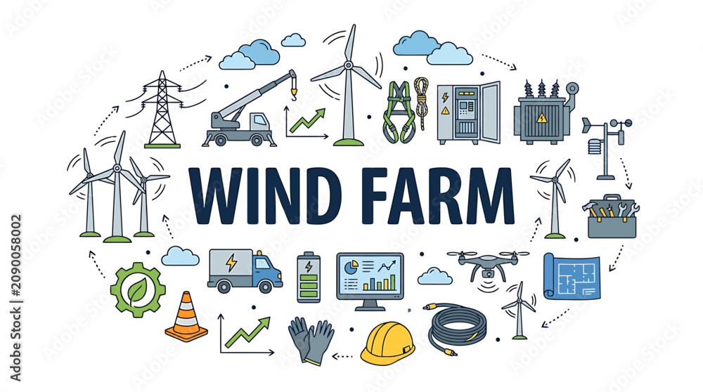 Fototapeta premium An intricate visual guide to the essential components and advanced technology defining a wind farm, crucial for driving sustainable and clean energy generation