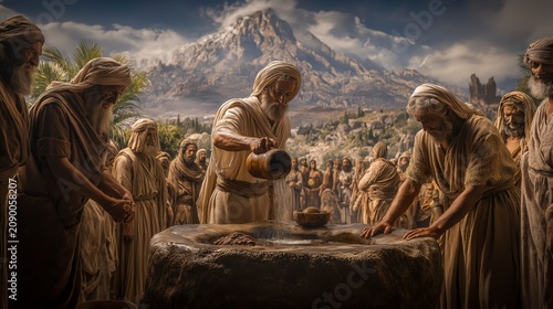 Elijah pours water upon the stone altar on Mount Carmel before the watching crowd, demonstrating unwavering faith as he calls upon the living God to reveal His glory and power.