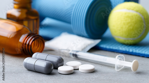 Close up of performance enhancing substances, medical supplies, and athletic equipment for sports or fitness. doping in sport, addiction, steroid