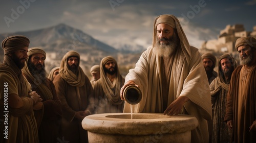 Elijah pours water upon the stone altar on Mount Carmel before the watching crowd, demonstrating unwavering faith as he calls upon the living God to reveal His glory and power.