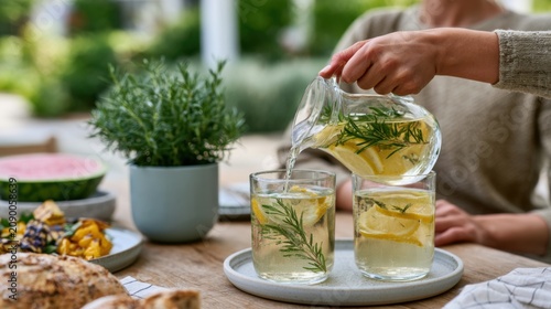 Refreshing lemonade with lemon slices and rosemary being poured from a glass pitcher into two glasses on a wooden table with food and greenery in the background