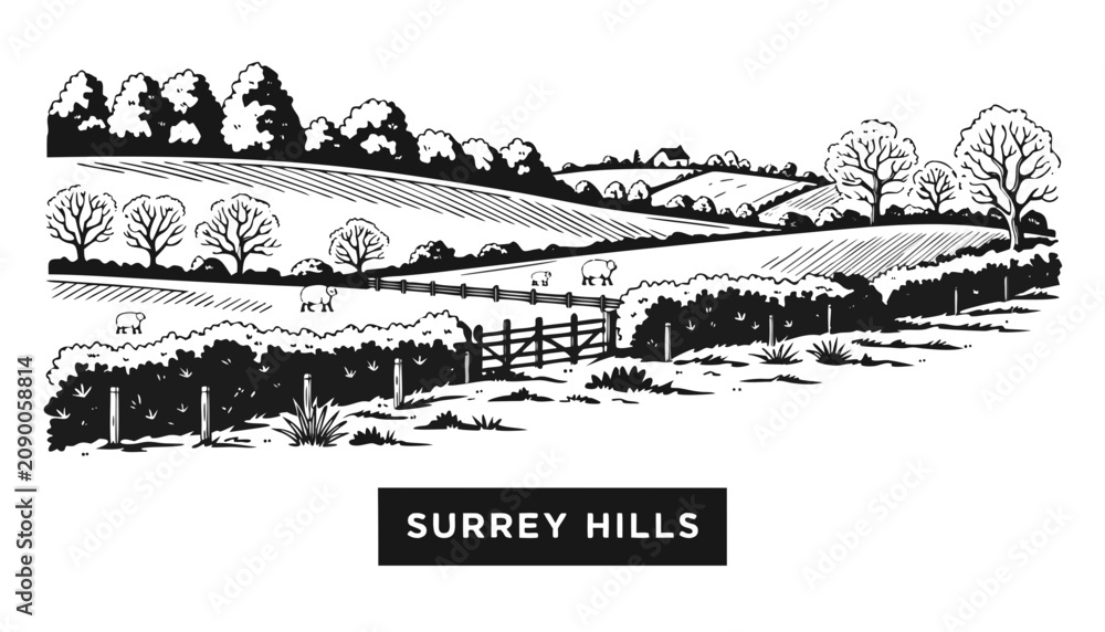 Obraz premium Very beautiful black and white realistic vector illustration of Surrey Hills featuring a bold label reading 