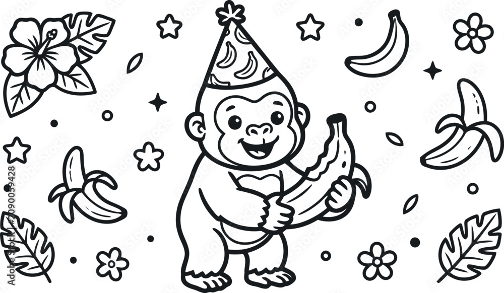 Fototapeta premium Birthday party monkey cartoon character line art illustration for kids activity book.
