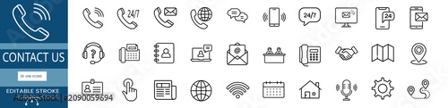 Fotografie Contact us and customer support line icons set with telephone call, office fax machine, contact book, mobile message & more vector illustration with editable stroke