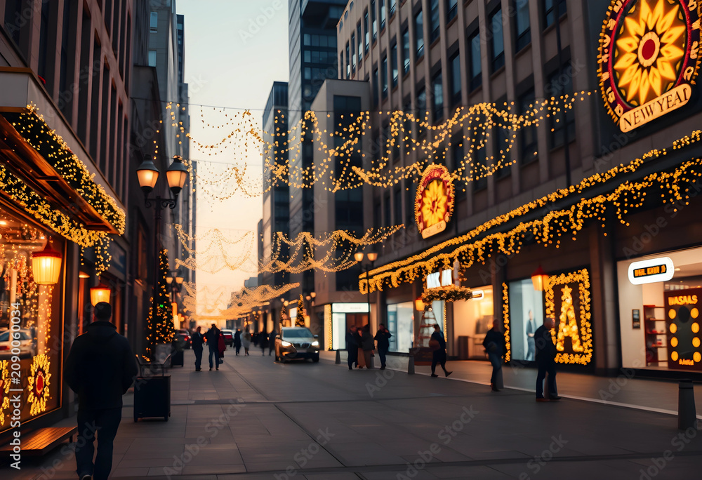 Fototapeta premium Urban street decorated with festive lights for Islamic New Year