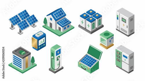 Cuadro en lienzo Isometric illustration of renewable energy technology icons.